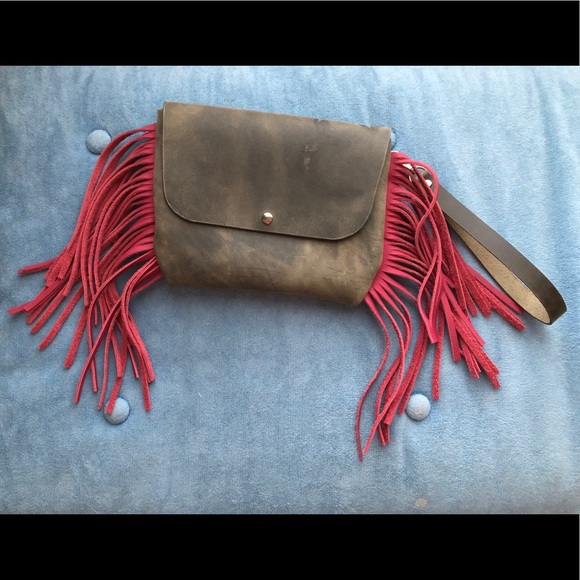 Hand made, grey and hot pink wristlet